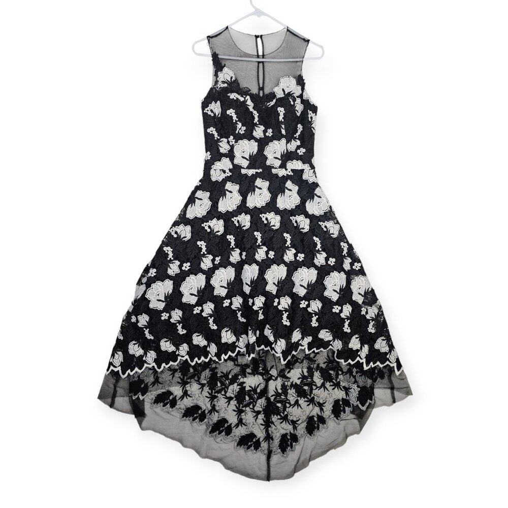 Teri Jon High-Low Floral Lace Gown Black White A-Line Dress Size 6